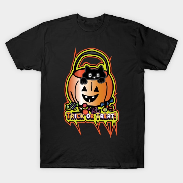 Cute Black Cat Trick or Treat Pumpkin T-Shirt by BeebusMarble